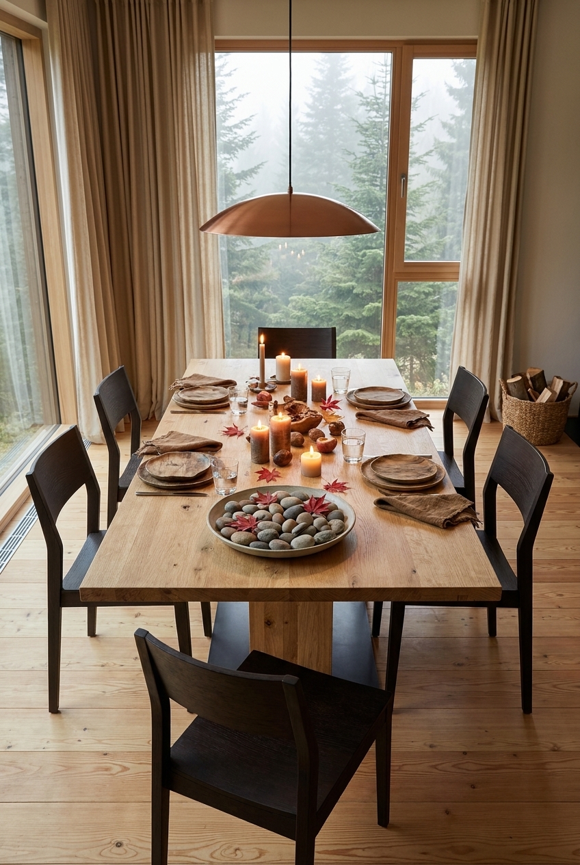 Flache Schale mit glatten Steinen, roten Blättern und Kerzen auf Esstisch Muzzano