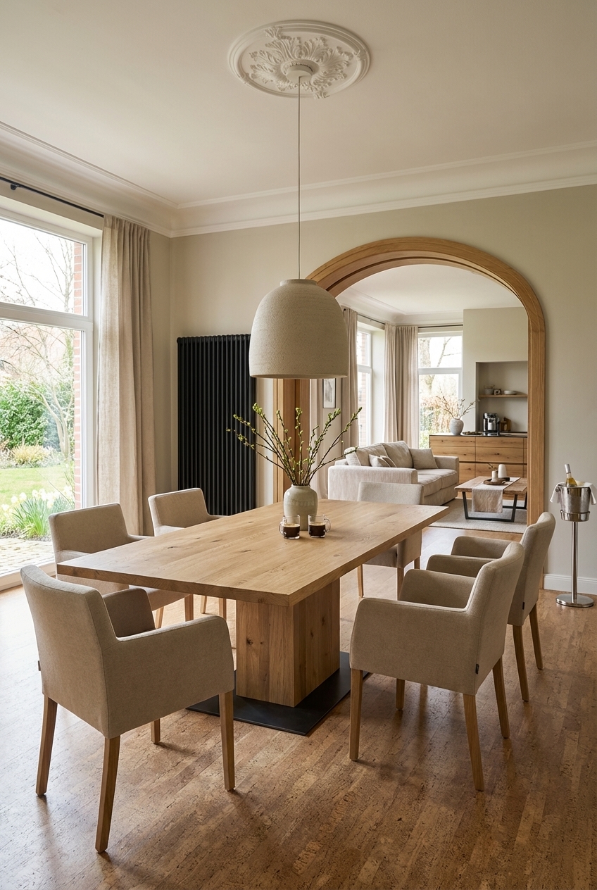 Essplatz im Landhausstil mit einem Rundbogen aus Holz, der den Muzzano Esstisch aus Wildeiche umrahmt