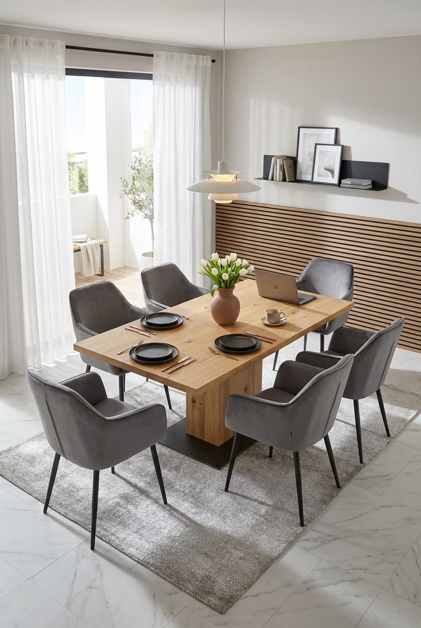 Esszimmer mit halbhohen Holzpaneelen und massiven Esstisch Muzzano aus Wildeiche