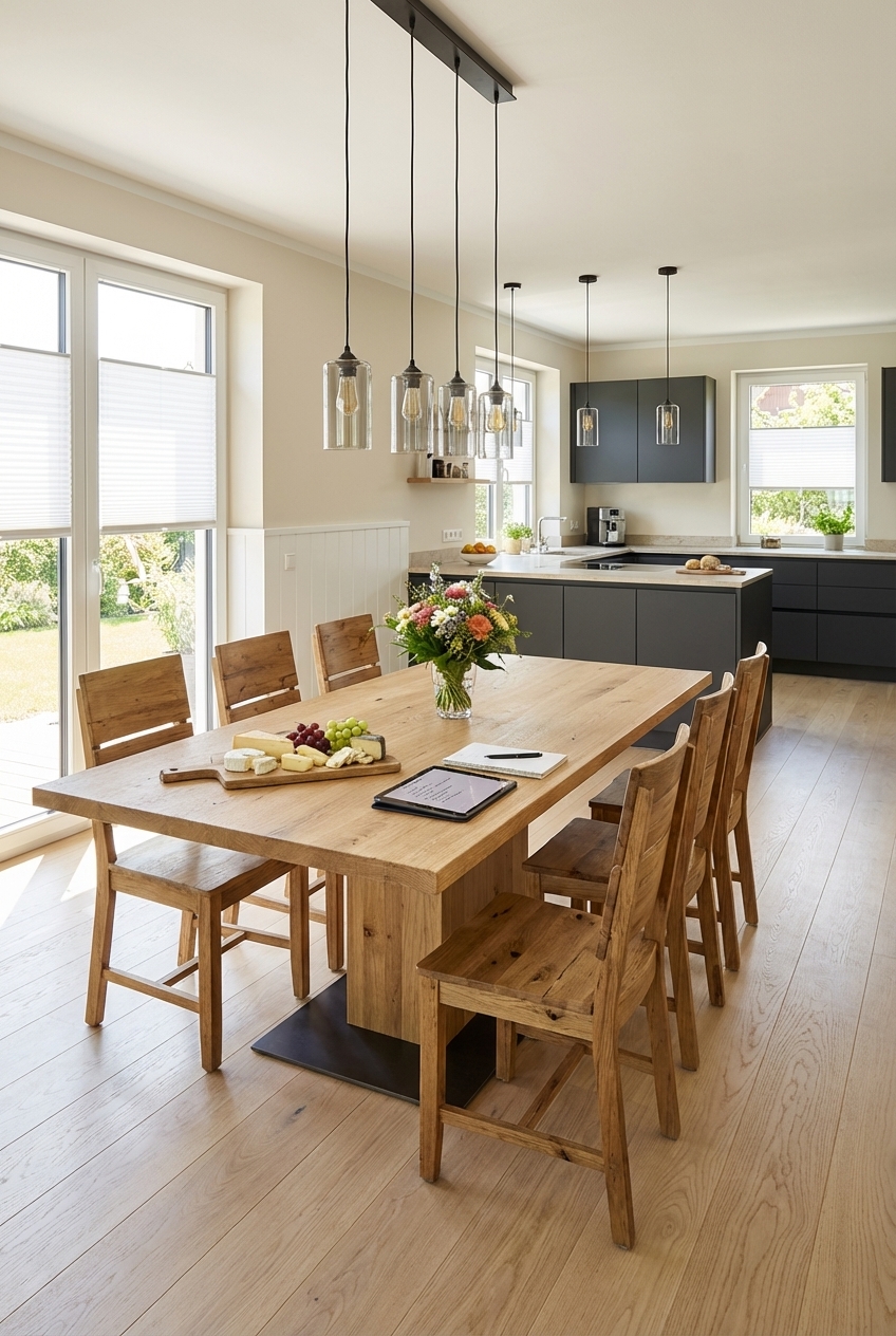 Halbhohe Wandscheibe trennt Koch- und Essbereich, ideale Ablage für Dekoration und Platz für Esstisch Muzzano