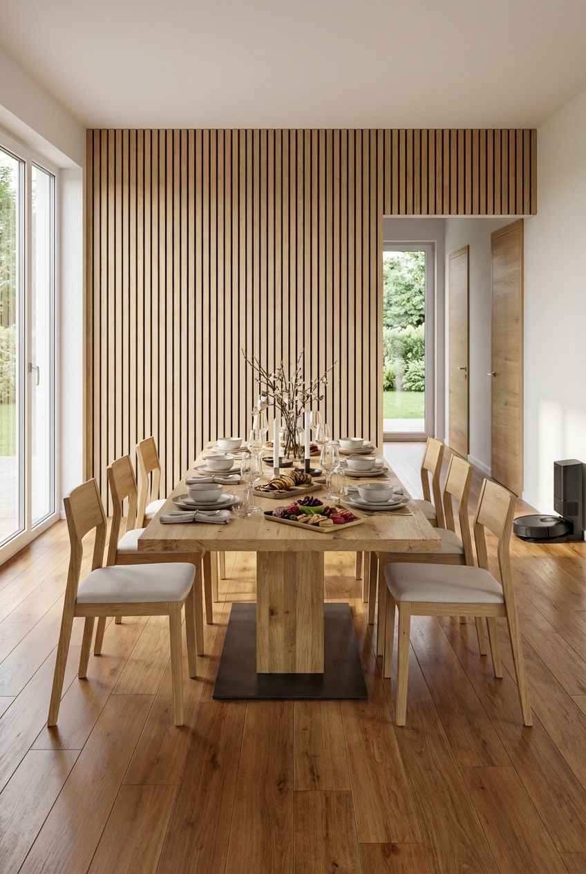 Esstisch Muzzano aus Wildeiche vor Holzpaneelen, die über den Türsturz verlaufen