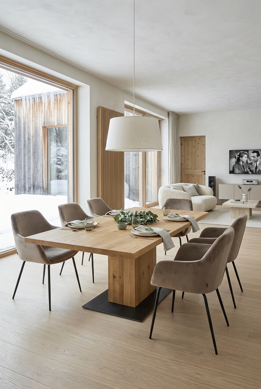 Essbereich und Sitzplatz in offener Raumgestaltung mit einem massiven Esstisch aus Wildeiche