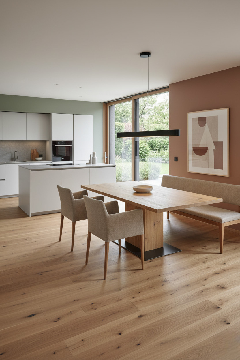 Freistehende Sitzbank im Esszimmer, umgeben vom Massivholztisch Muzzano aus Wildeiche