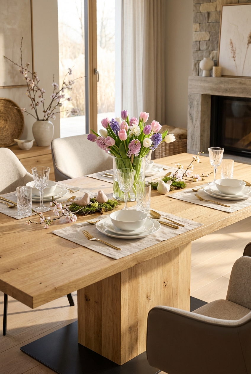 Ein schmaler Moosstreifen auf einem Massivholztisch Muzzano für frische Frühlingsdeko