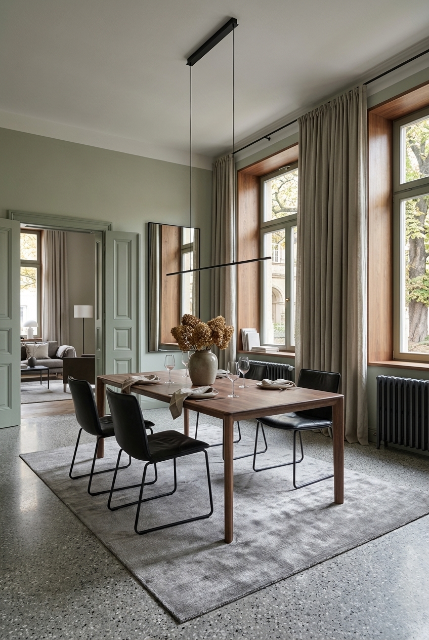Essplatz mit dem Esstisch Neva aus Nussbaum vor hohen Altbaufenstern, umgeben von langen Vorhängen in gedeckten Tönen.
