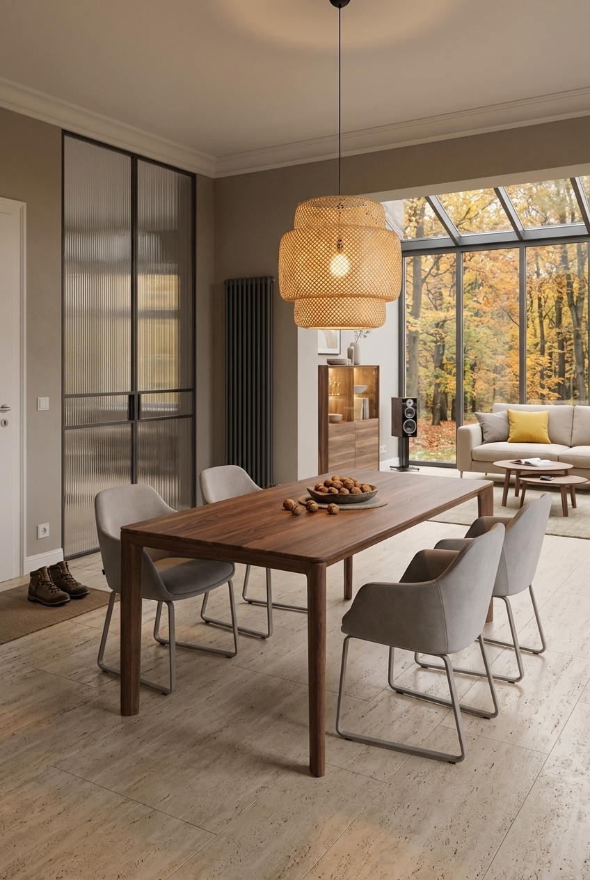 Essbereich mit Glastrennwand und schwarzem Rahmen, Holztisch Neva aus Nussbaum