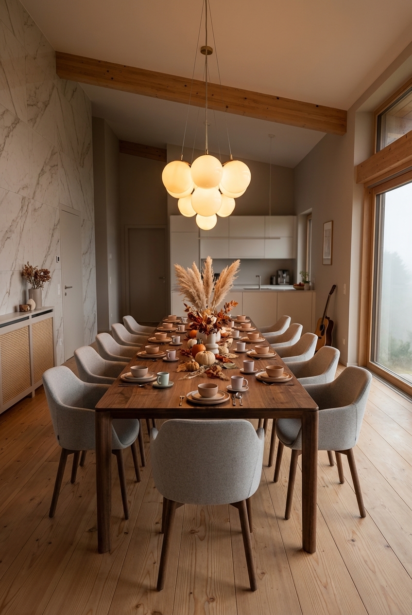 Ein freiliegender Deckenbalken definiert den Essbereich um den Esstisch Neva aus Nussbaum