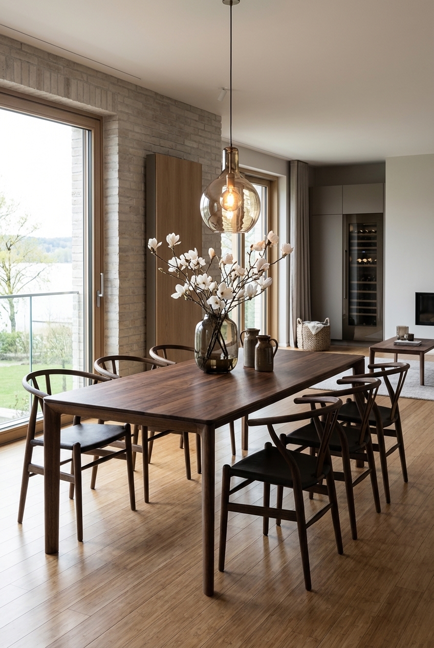 Essplatz vor raumhohen Fenstern mit Esstisch Neva aus Nussbaumholz