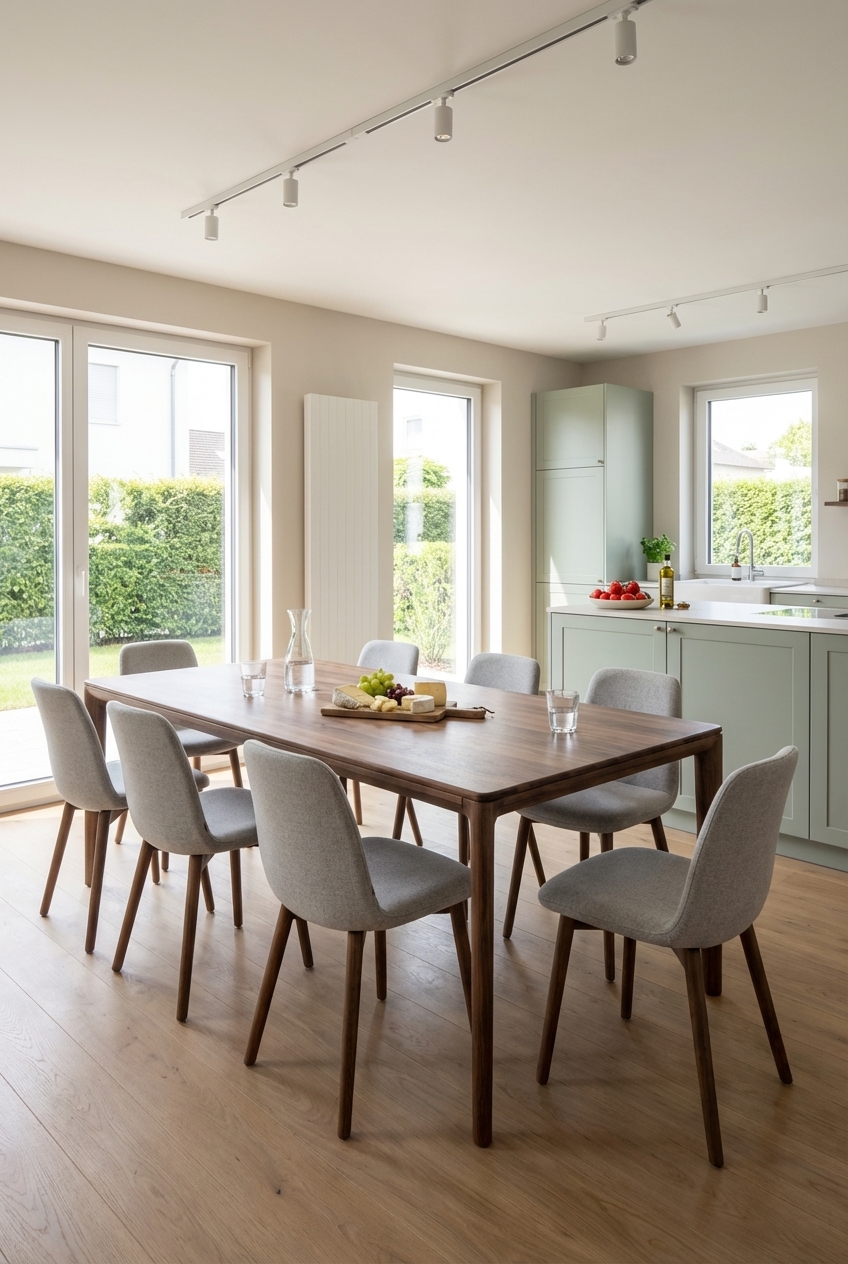 Deckenstrahler lenken das Licht gezielt auf den Esstisch Neva aus Nussbaumholz