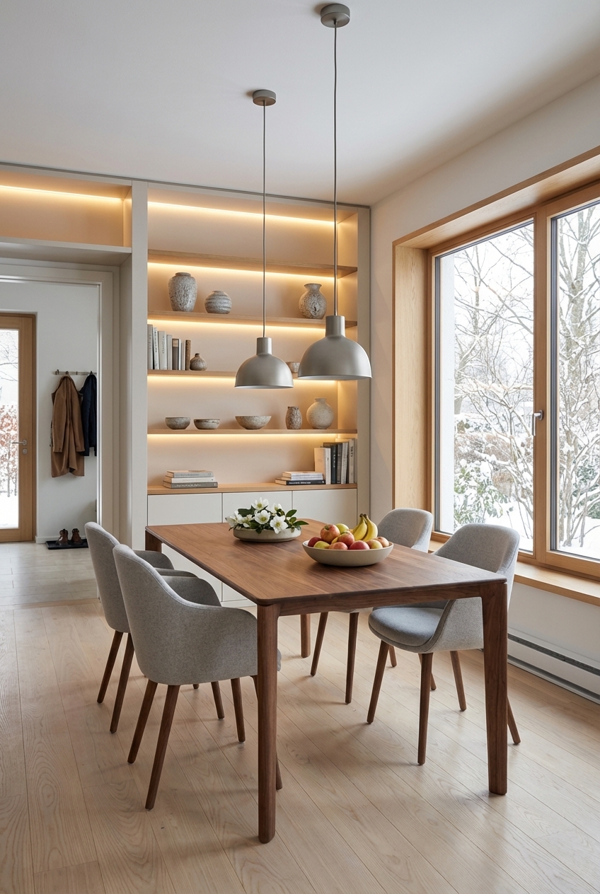 Wandgestaltung im Esszimmer mit hellen Natursteinplatten und Esstisch Neva aus Nussbaum