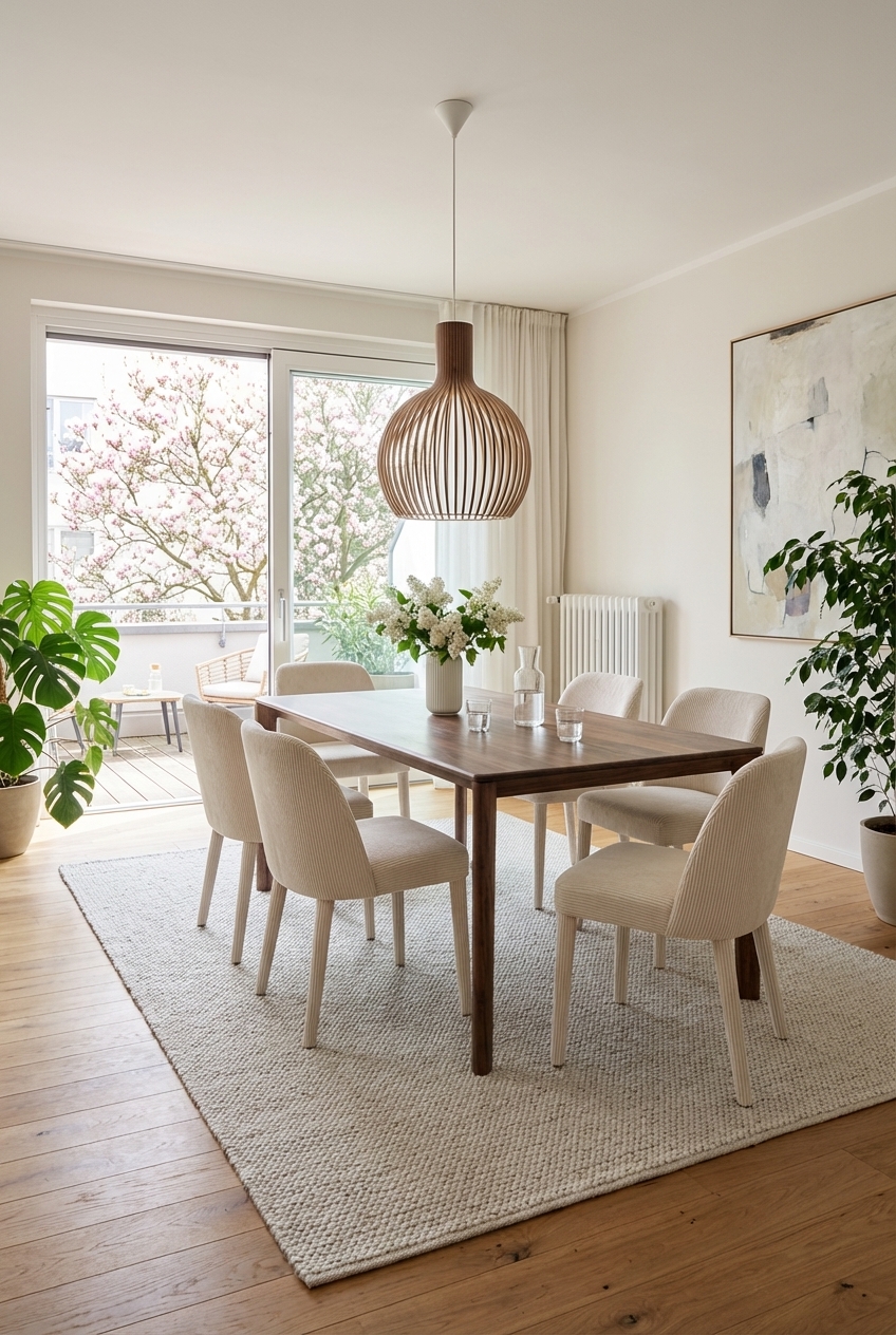 Heller Teppich unter einem dunklen Esstisch aus Nussbaum schafft harmonische Tiefe