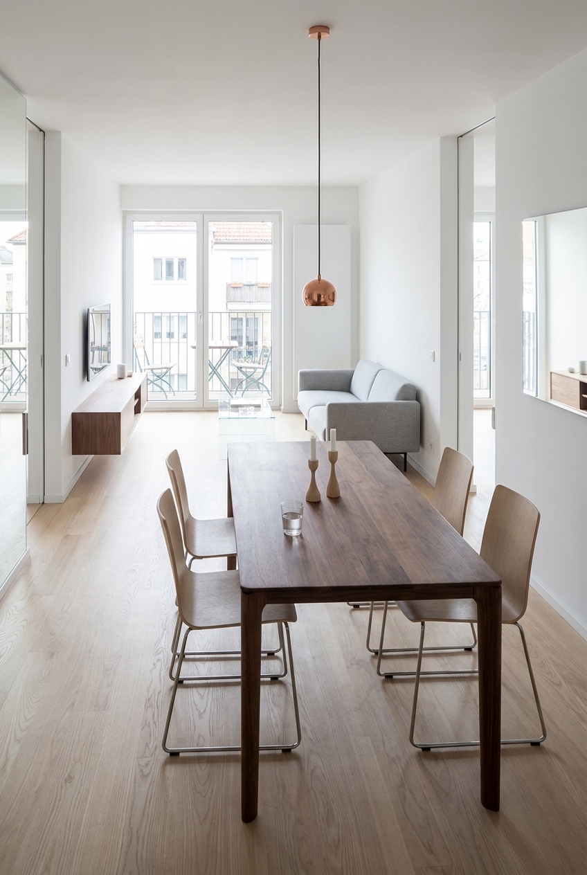 Kleines Wohnzimmer mit offenem Esstisch Neva aus Nussbaum, der mittig platziert ist