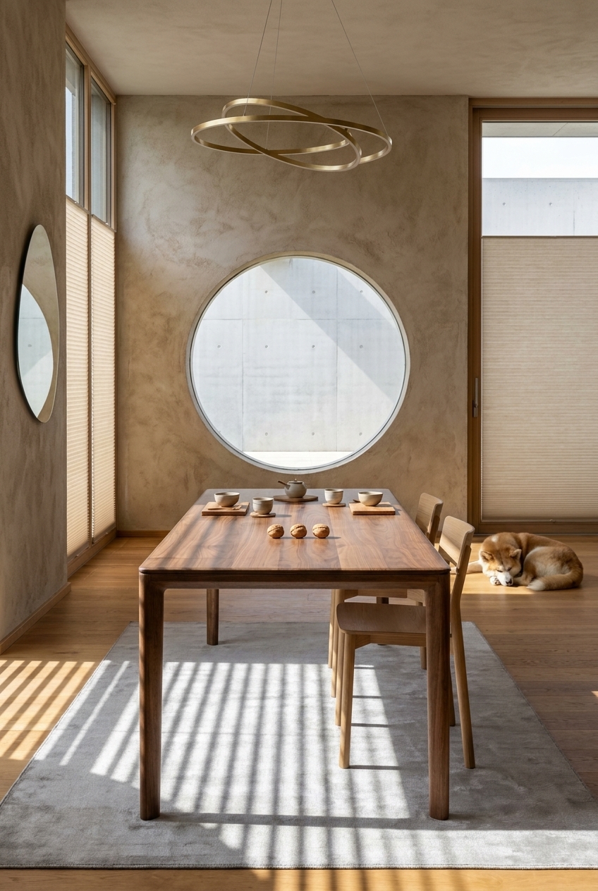 Ein runder Fenster hinter dem Esstisch Neva aus Nussbaum sorgt für angenehmes Licht und harmonische Formen