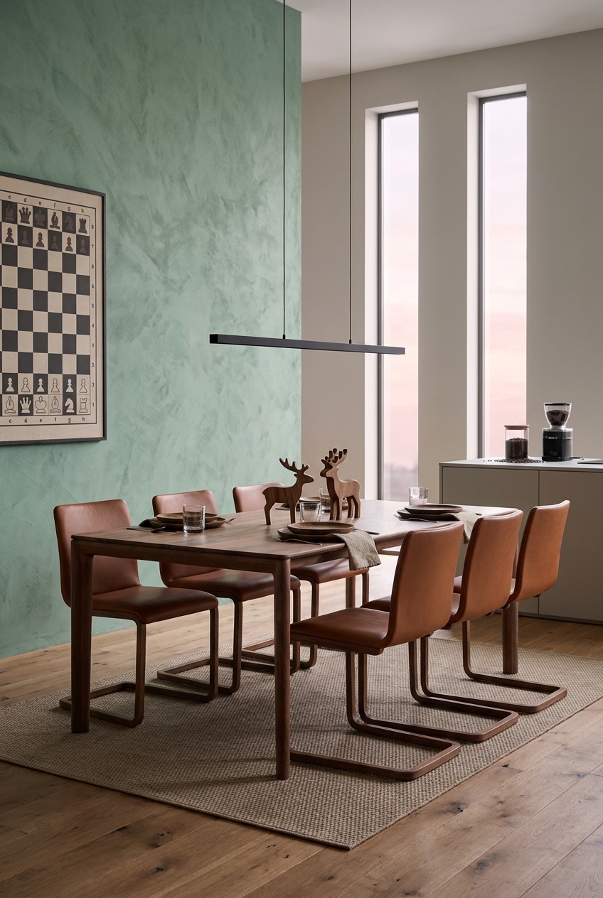 Wand in mattem Salbei harmoniert mit Nussbaum-Esstisch und Tageslicht