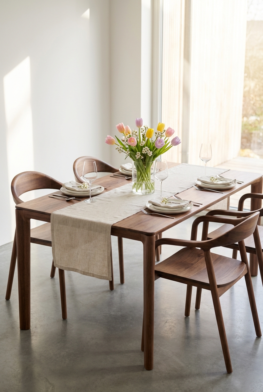 Transparente Gläser auf einem dunklen Nussbaum-Esstisch schaffen eine harmonische Frühlings-Tischdeko