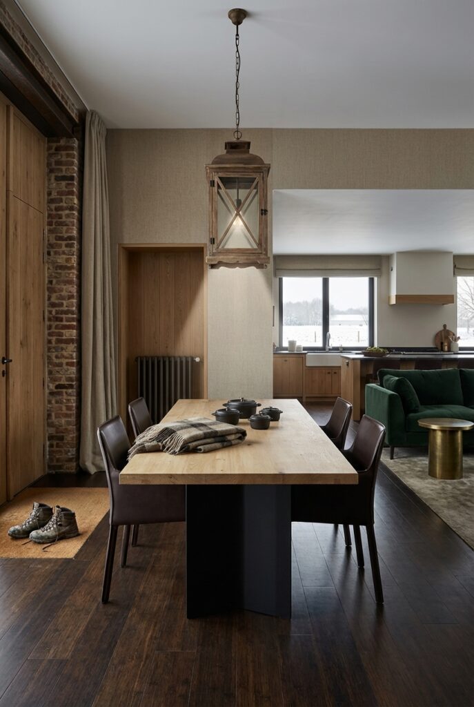 Ein heller Eichen-Esstisch mit dunklem Untergestell und braunen Lederstühlen im Esszimmer