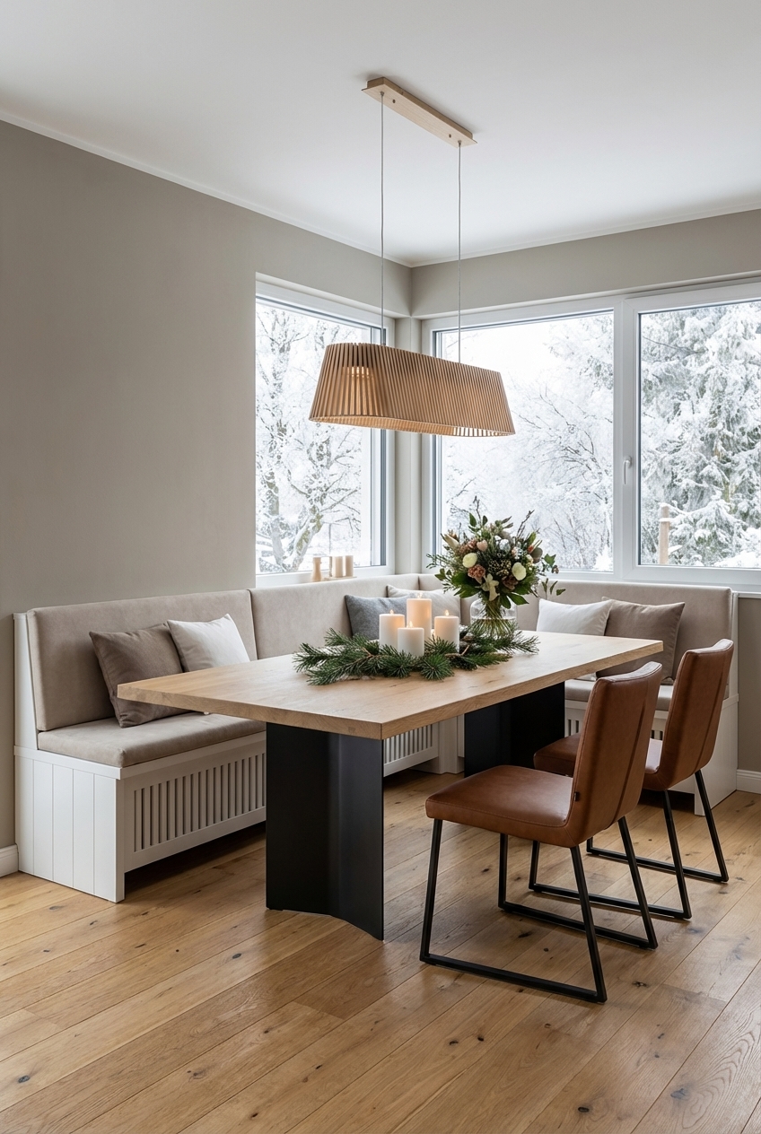 Ein helles Esszimmer mit Eiche-Tisch Nods und L-förmiger Eckbank am Fenster