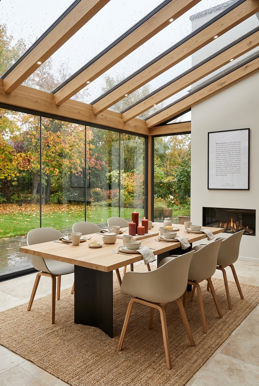 Großflächiger Naturfaserteppich unter dem Esstisch Nods aus Eiche schafft eine einladende Atmosphäre im Wintergarten.