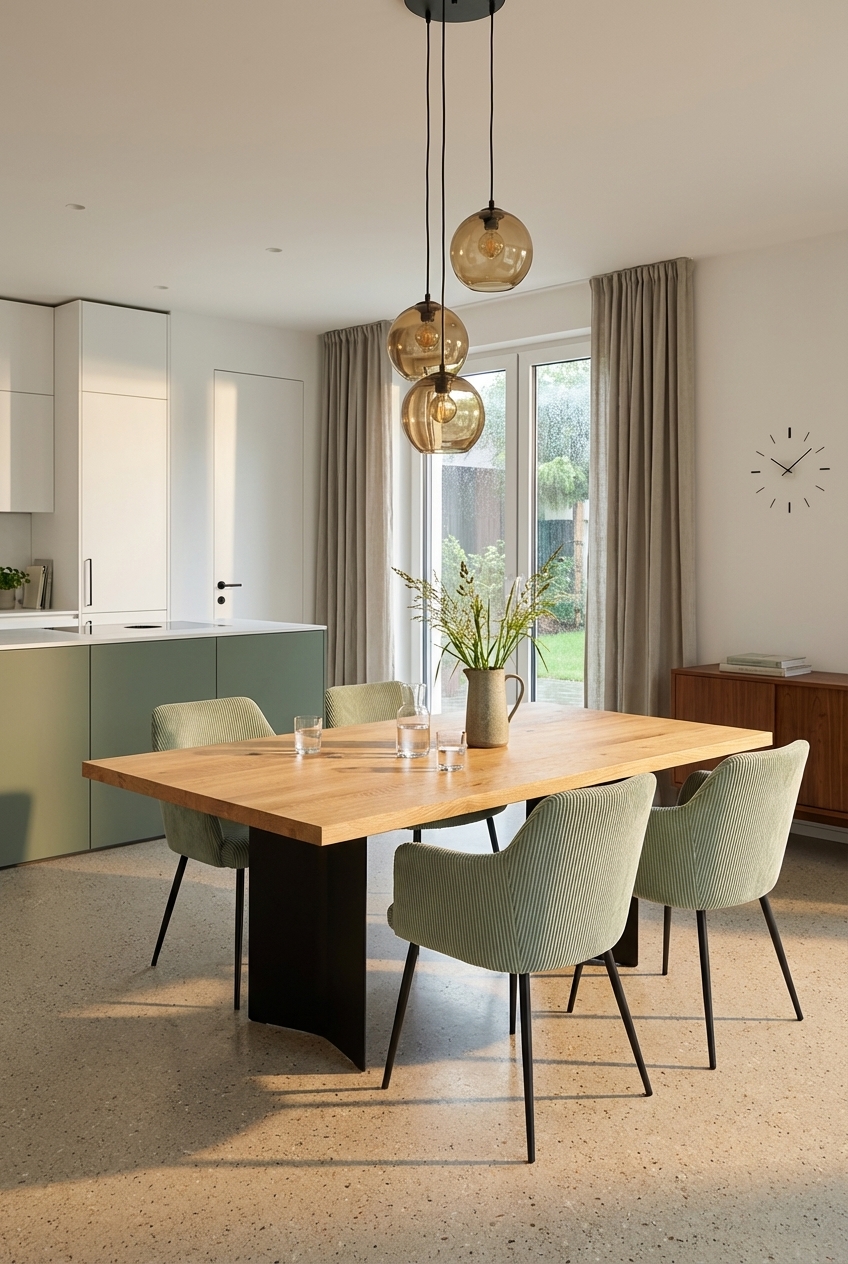 Grüne Cordstühle am Esstisch Nods aus Eiche schaffen einen ansprechenden Kontrast zwischen Textil und Holz