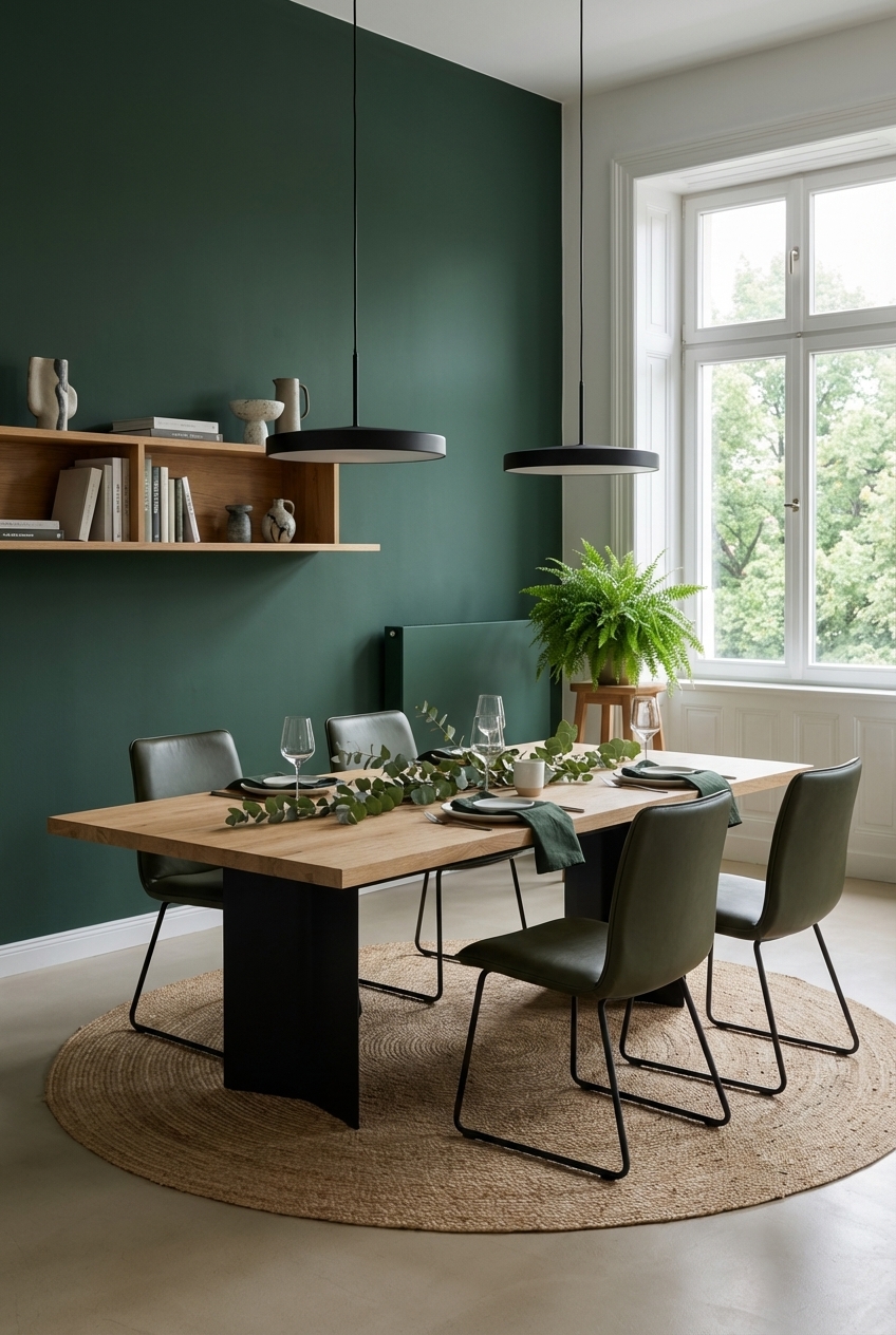 Ein offenes Eichenholzregal vor grünen Wänden ergänzt den Esstisch Nods harmonisch.