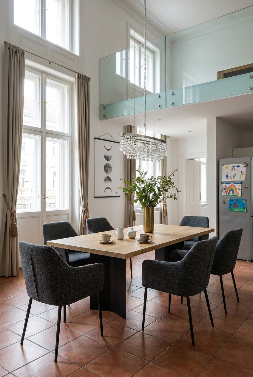 Bodenlange Vorhänge rahmen hohe Fenster im Altbau und betonen die Wandhöhe, während der Esstisch Nods aus Eiche darunter steht