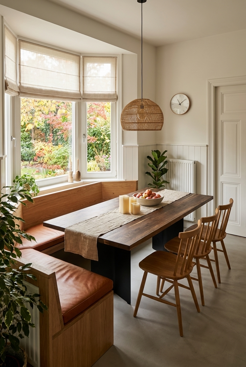 Eckbank aus hellem Holz mit cognacfarbenem Leder und ausziehbarem Nussbaum-Esstisch