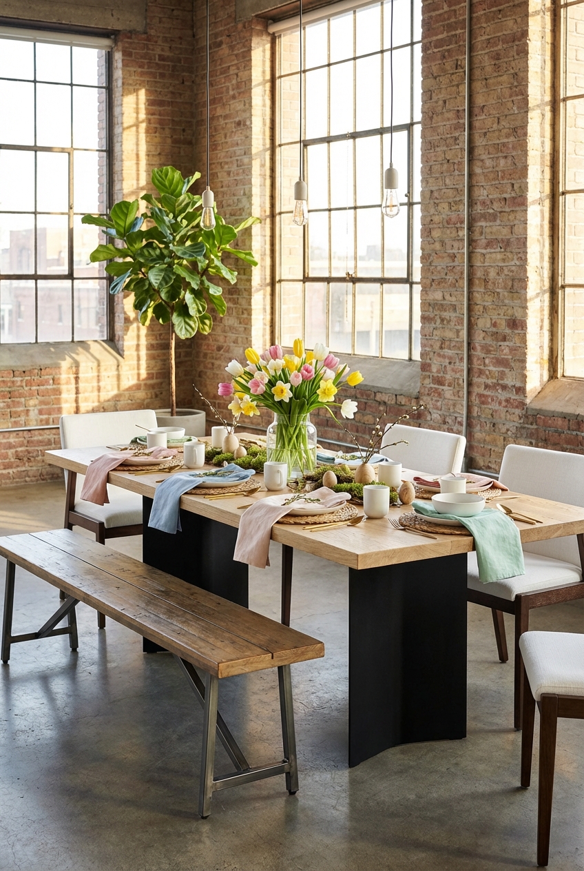Tischdeko mit variierenden Stoffservietten in sanften Frühlingsfarben auf einem Eichenholz Tisch