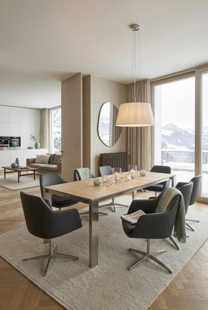 Esszimmer mit beige-weißem Farbkonzept und gebürstetem Edelstahl, Esstisch Palermo aus Eiche