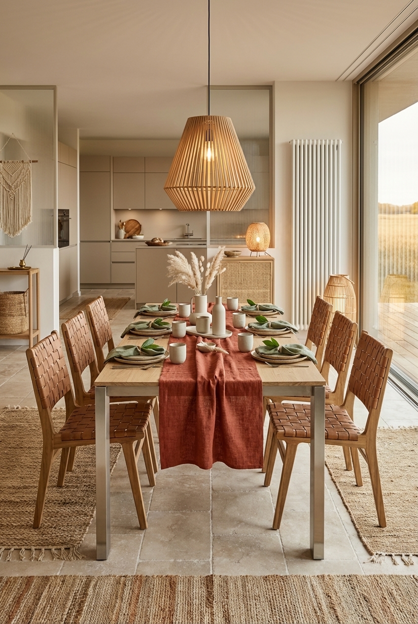 Langärmeliger Leinenläufer auf dem Esstisch Palermo aus Eiche betont die Holzmaserung und schafft eine entspannte Boho-Atmosphäre