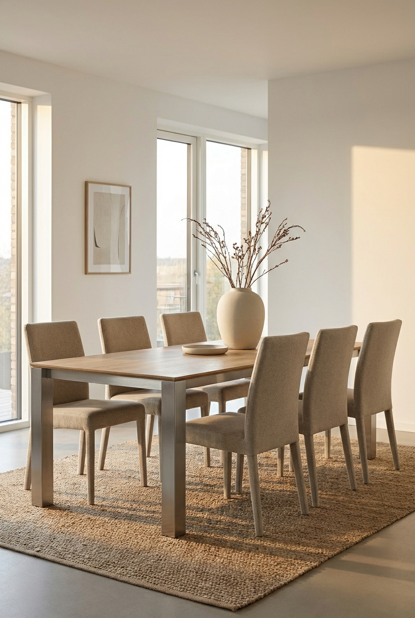 Moderner Essbereich mit weißer Wand, großem Naturteppich und Esstisch Palermo aus Eiche