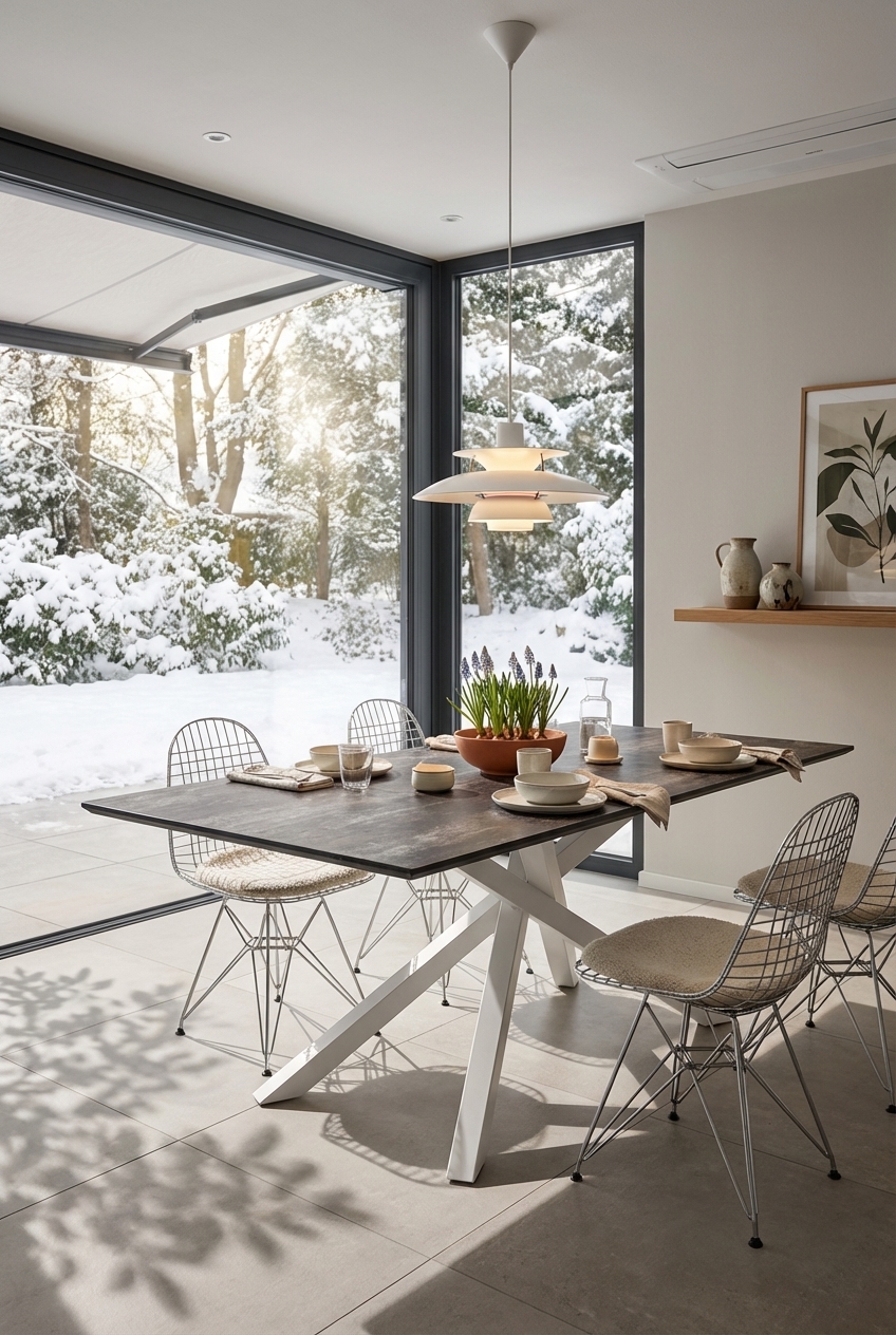 Esstisch Piemonte Keramik in kühlen Grautönen, ergänzt durch natürliche Akzente