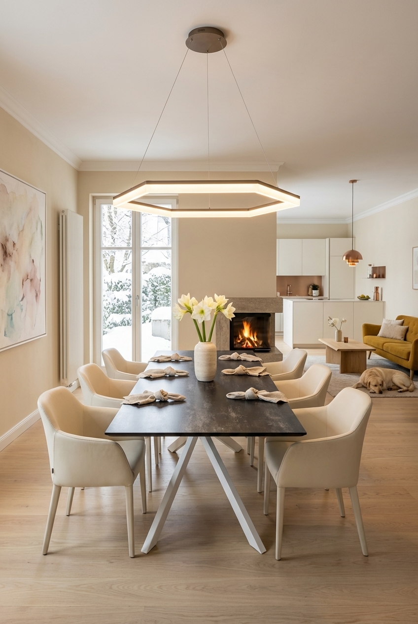 Dunkler Esstisch Piemonte aus Oxido-Keramik nahe dem Kamin schafft eine gemütliche Atmosphäre