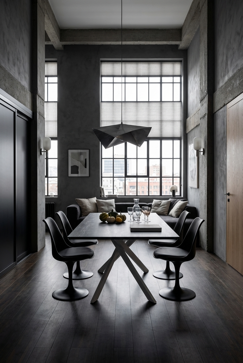 Esszimmer mit Kombination aus Sofa und Stühlen am Esstisch, wirkt gemütlich und einladend