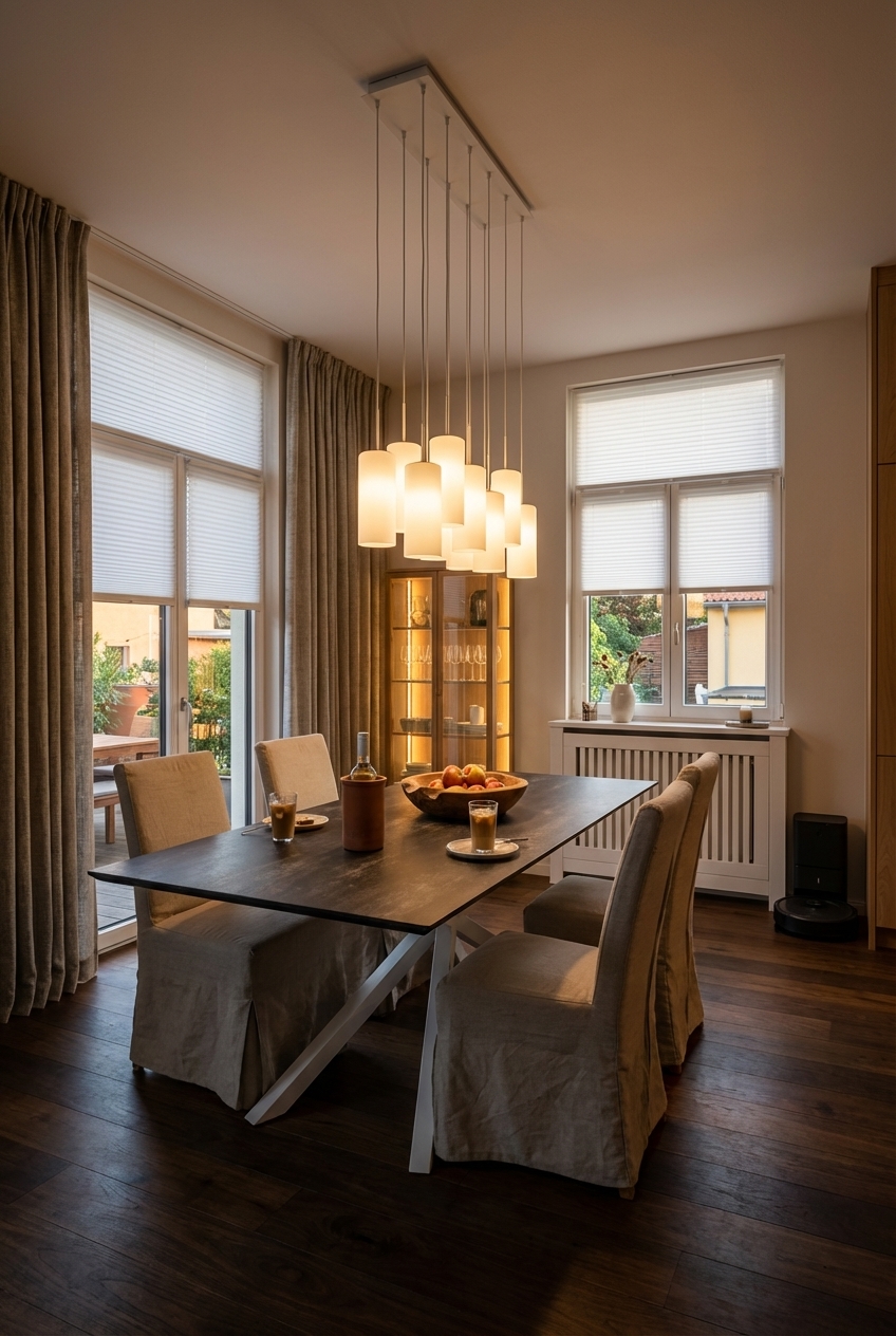 Innenbeleuchtete Vitrine neben dem Esstisch Piemonte Keramik sorgt für warmes Licht und stimmungsvolle Akzente