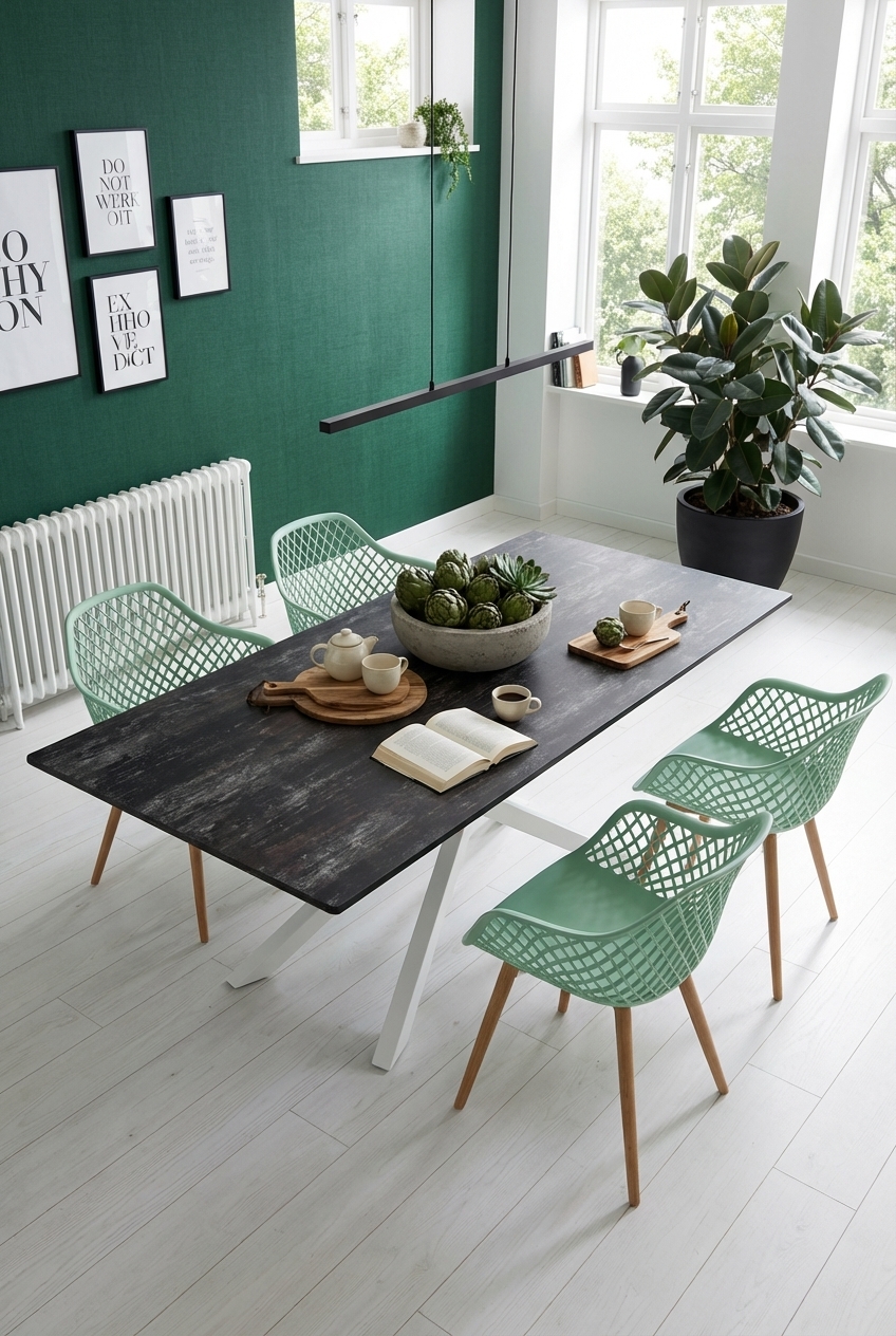 Dunkle Keramiktischplatte vor grüner Wand schafft interessanten Tiefenkontrast