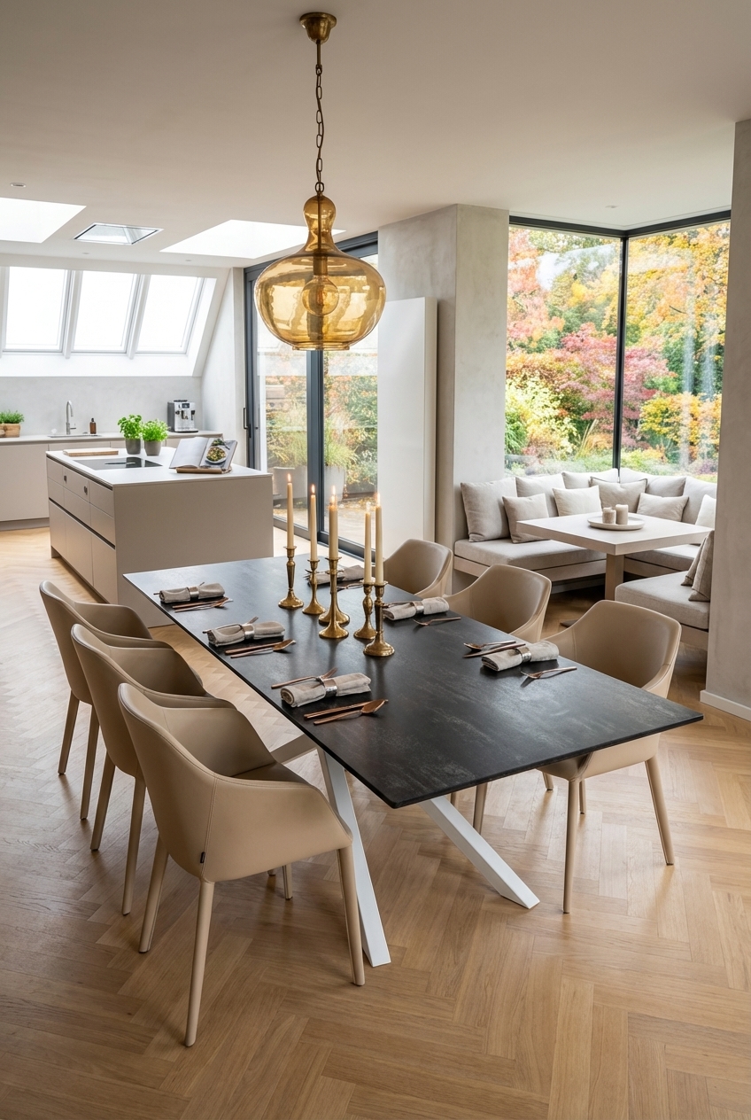 Esszimmer mit Eiche-Fischgrätparkett und klarer Tischplatte aus Keramik