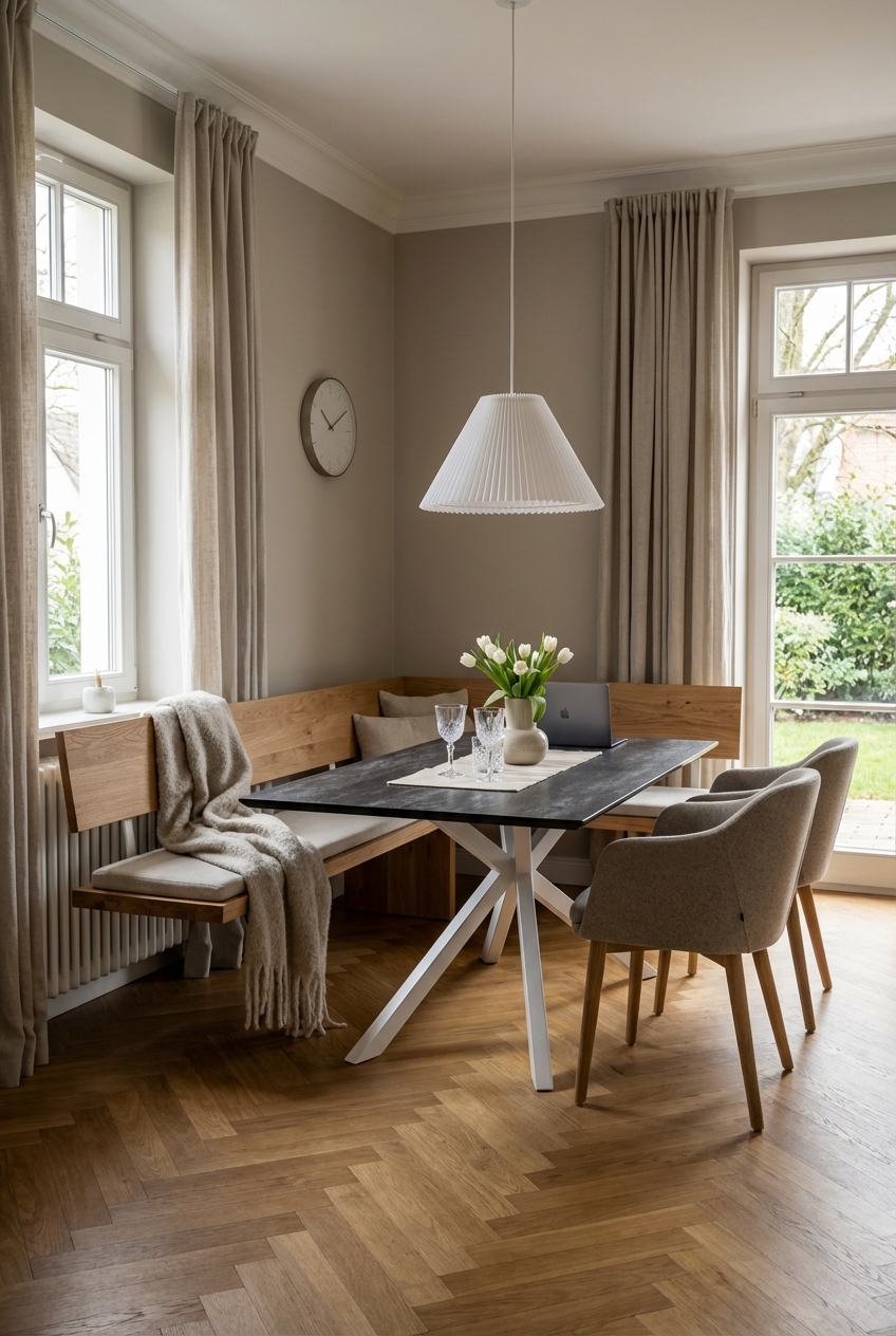 Esszimmer mit sandfarbener Eckbank und dezenten Kissen, Tisch aus Keramik