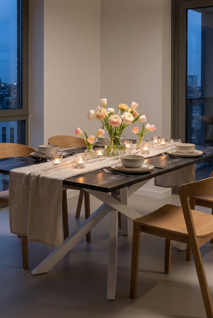 Dunkle Tischplatte mit hellen Frühlingsblüten und warmem Kerzenlicht kombiniert