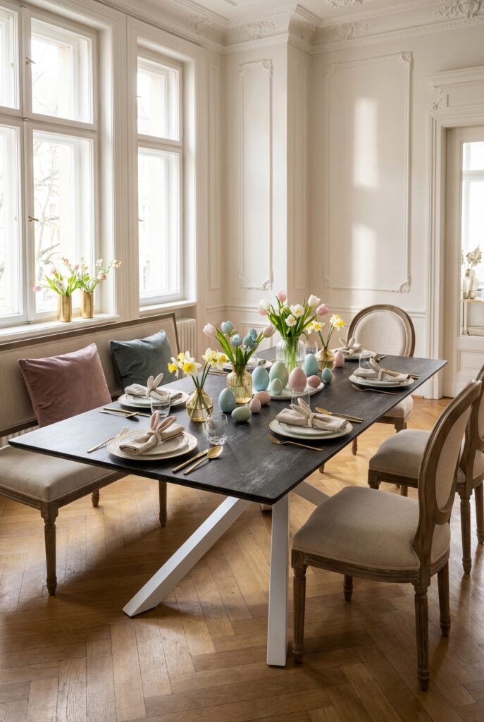 Dunkle Tischplatte als Kontrast für österliche Deko mit bunten Eiern und Blumen