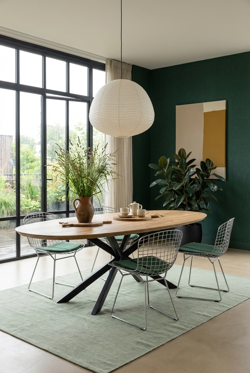 Grüne Sitzkissen auf filigranen Stühlen harmonieren mit dem Eiche Esstisch Piemonte Oval