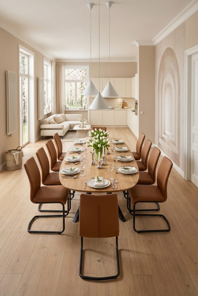 Freischwinger um einen ovalen Esstisch aus Eiche sorgen für eine leichte, harmonische Atmosphäre im großen Esszimmer.