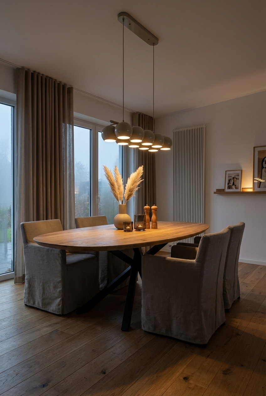 Bündelung mehrerer Lichtquellen schafft sanfte Ausleuchtung über dem ovalen Esstisch Piemonte aus Eiche