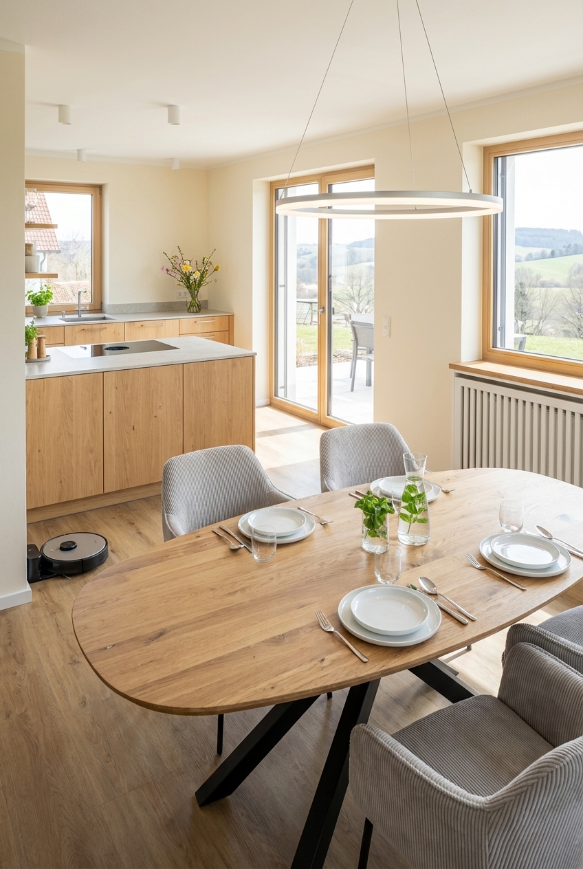 Ein heller Holzboden verbindet die Küche mit dem Essbereich, der ovalen Esstisch Piemonte aus Eiche harmonisch ergänzt.