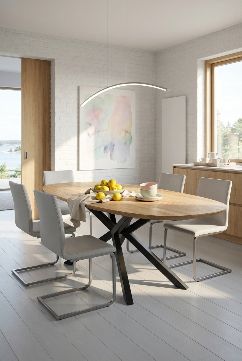 Skandinavisches Esszimmer mit weiß gestrichener Backsteinwand und Eichen-Esstisch Piemonte Oval