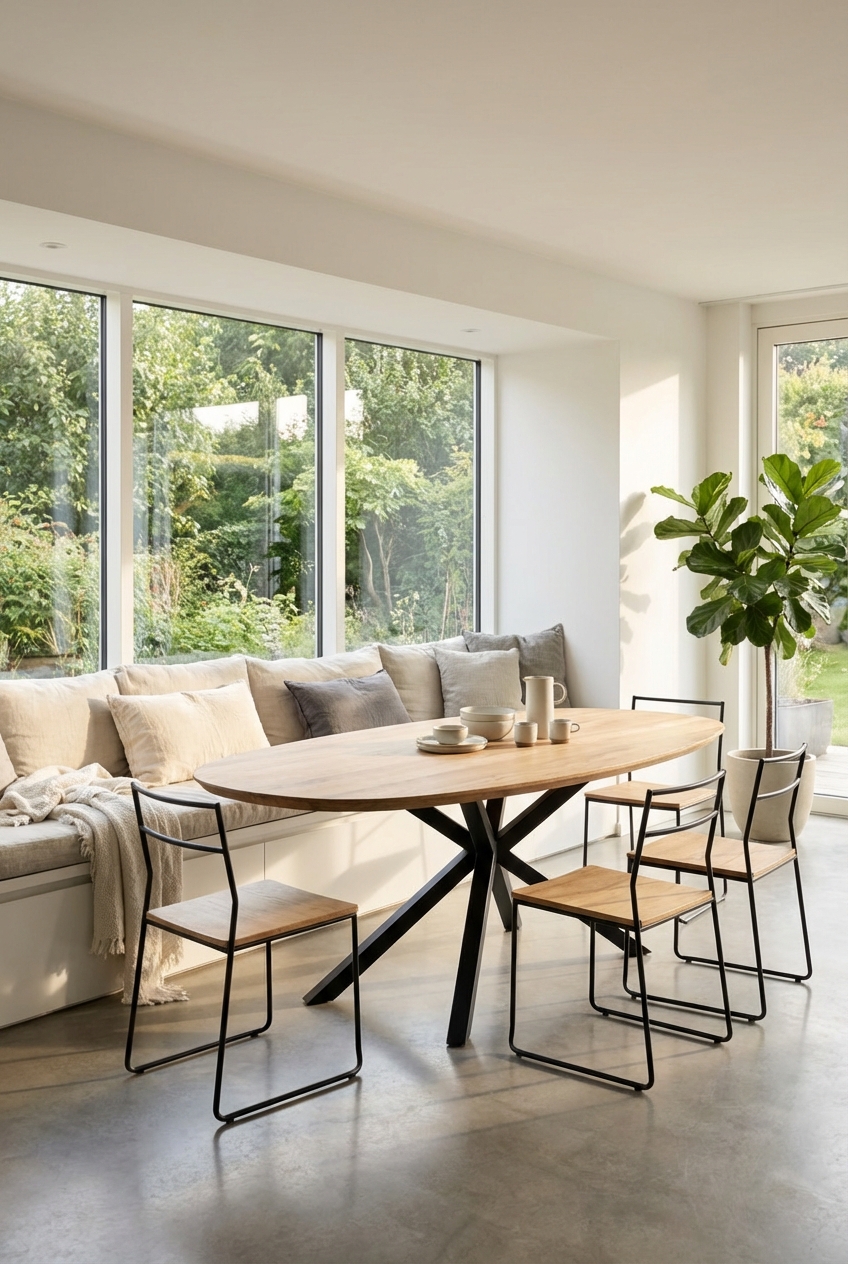 Helles Polster im Esszimmer reflektiert Tageslicht und schafft eine ruhige Atmosphäre