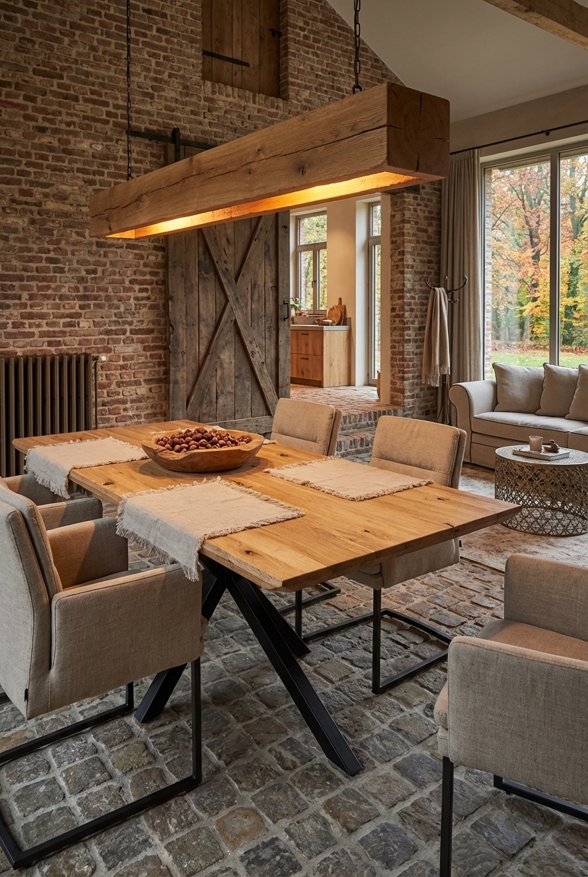Balkenleuchte über dem quadratischen Esstisch Piemonte aus Wildeiche schafft eine intime Atmosphäre