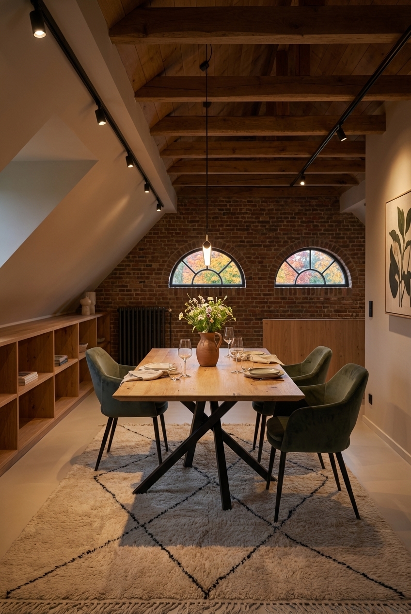 Flache Regale unter der Dachschräge bieten cleveren Stauraum im Esszimmer mit dem quadratischen Esstisch Piemonte aus Wildeiche