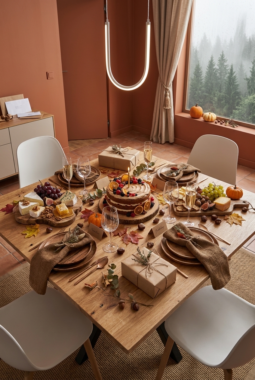 Geburtstagstorte zwischen zwei Käseplatten, Geschenken und Herbstlaub auf quadratischem Esstisch Piemonte