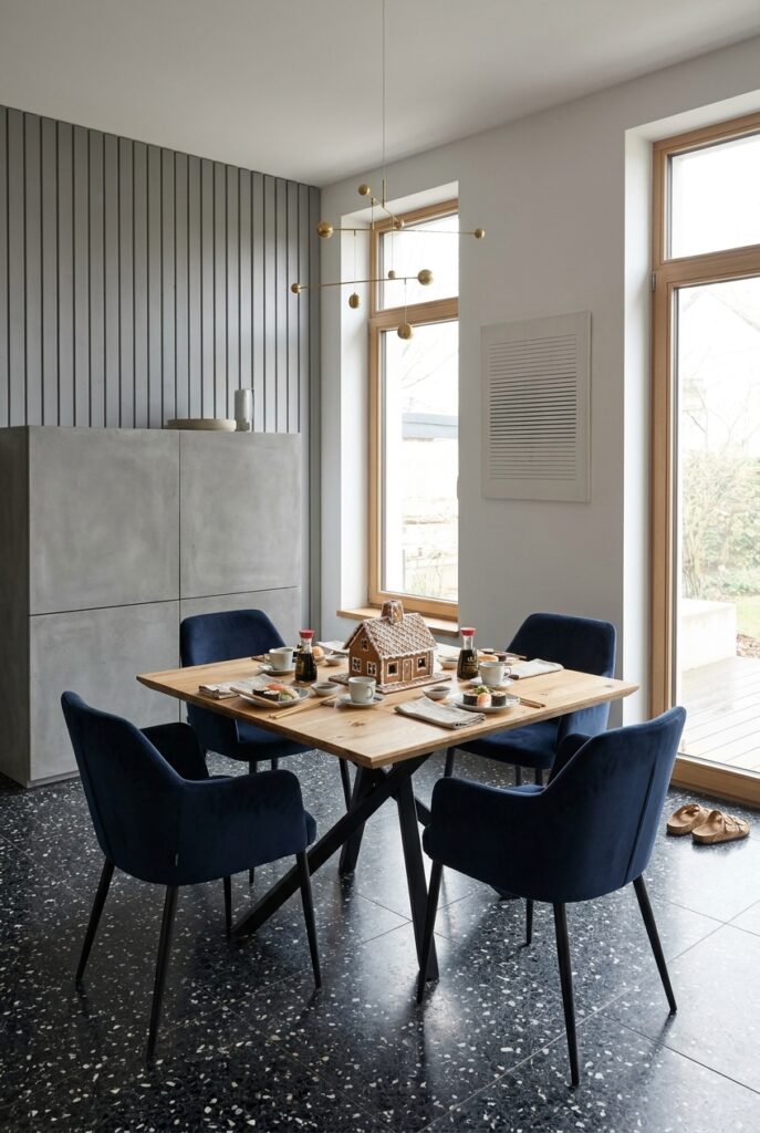 Quadratischer Esstisch Piemonte aus Wildeiche mit vier dunkelblauen Polsterstühlen, grauem Stauraumschrank und einem Lebkuchenhaus auf der Tischmitte.