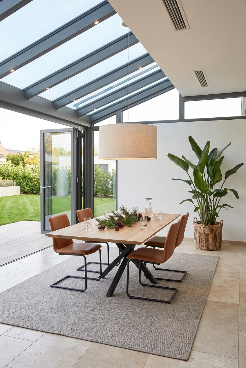 Essbereich mit großblättriger Pflanze und quadratischem Esstisch Piemonte aus Wildeiche